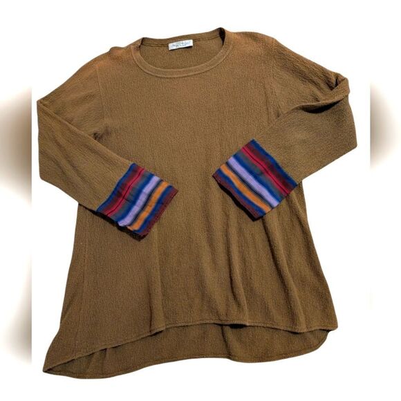 Vintage Margaret Winters‎ brown cotton textured top with rainbow stripes boho - Picture 1 of 8
